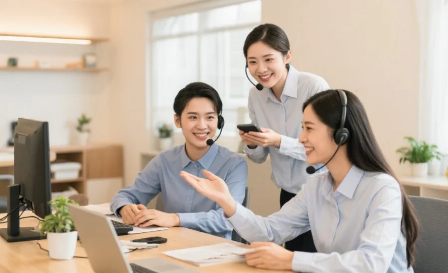 友好且专业的客户服务团队，正在为用户解答问题，环境温馨且充满信任感